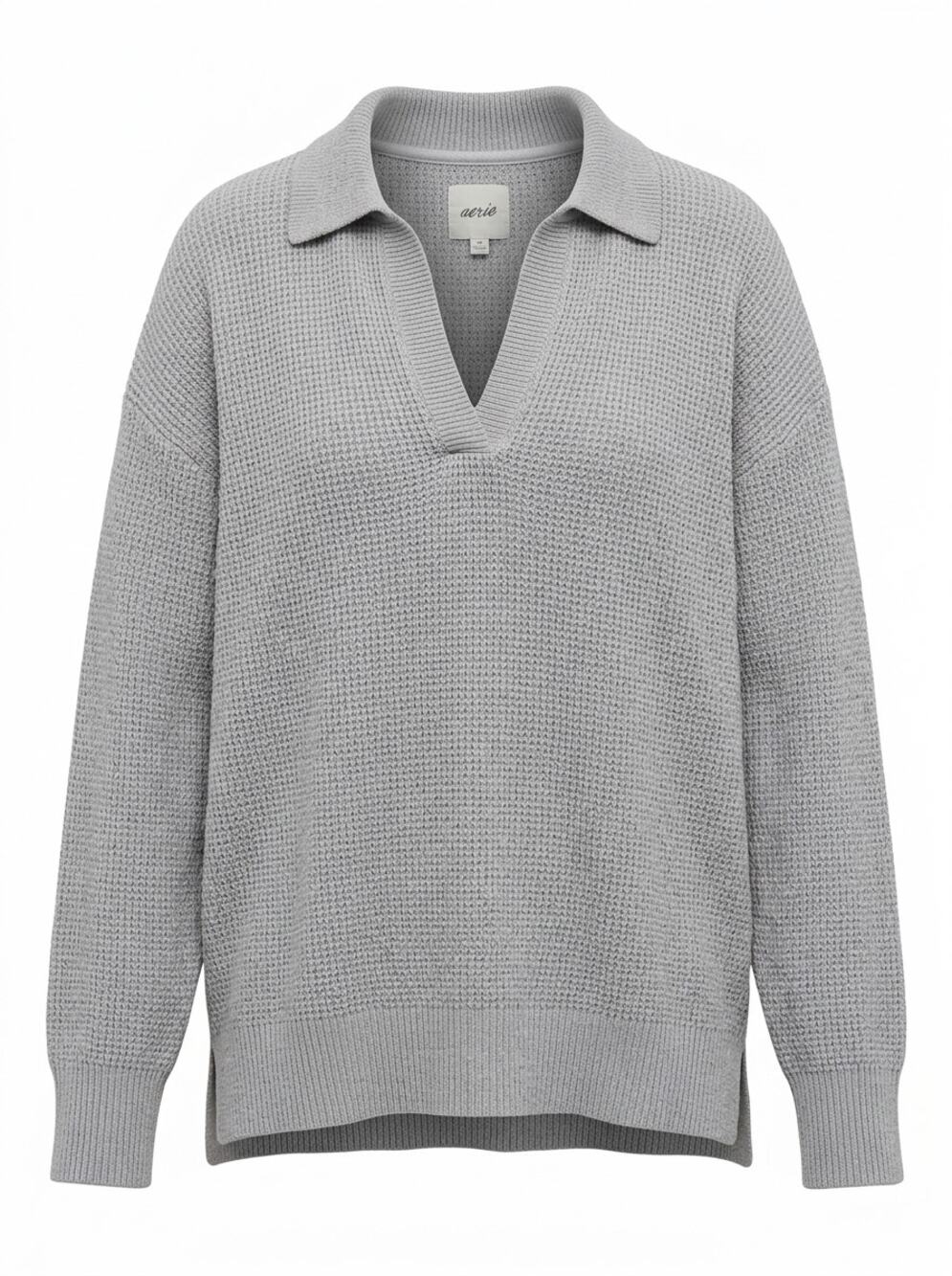 Aerie Polo Collar V-Neck Knit Drop Shoulder Pullover Sweater Women Size M